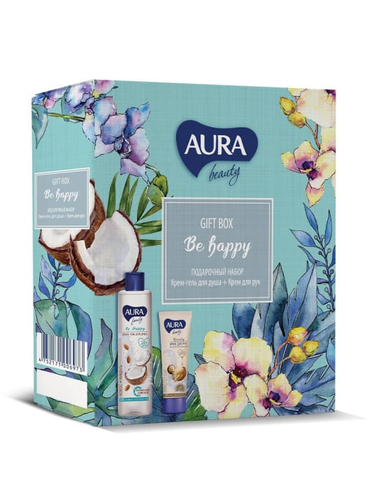 Подарочный набор "AURA" BEAUTY Be Happy/Крем-гель для душа Кокос и миндаль 250мл + Крем для рук восстан. 75мл Подарочный набор "AURA" BEAUTY Be Happy/Крем-гель для душа Кокос и миндаль 250мл + Крем для рук восстан. 75мл
